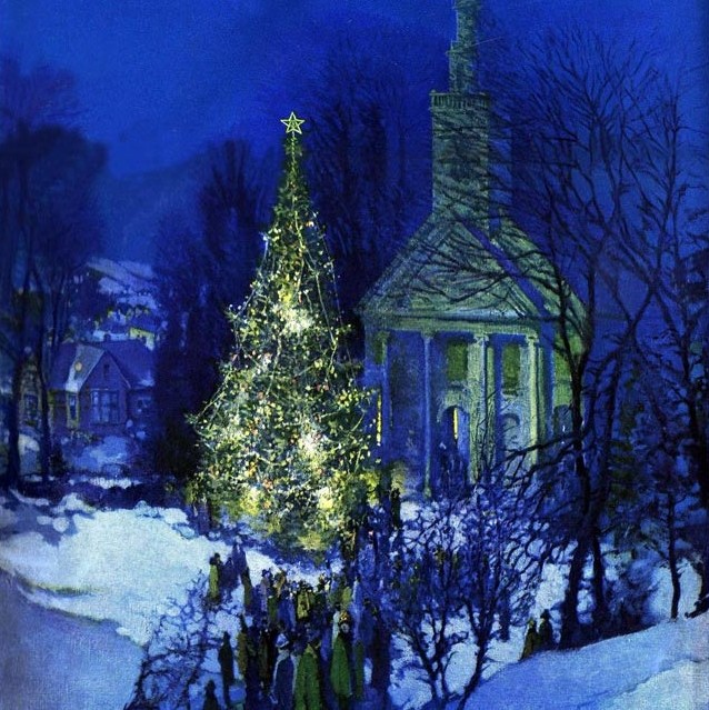 An old Church is surrounded by snow as a group of people gather to worship. Beside it, there is a tall pine tree decorated with lights and sparkling in the night sky.